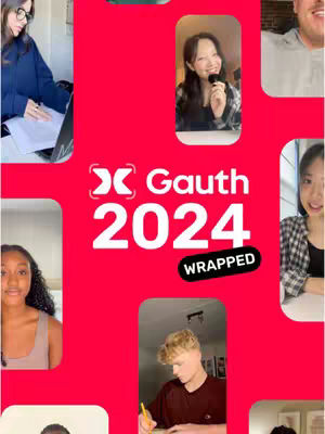 A collage-style image with a bold red background. There are several smaller rectangular frames containing images of different people, primarily smiling, and some are on video calls. In the center, large white text reads Gauth, with 2024 and Wrapped in a smaller, bold font below and above the main text respectively. The overall composition is modern and vibrant.