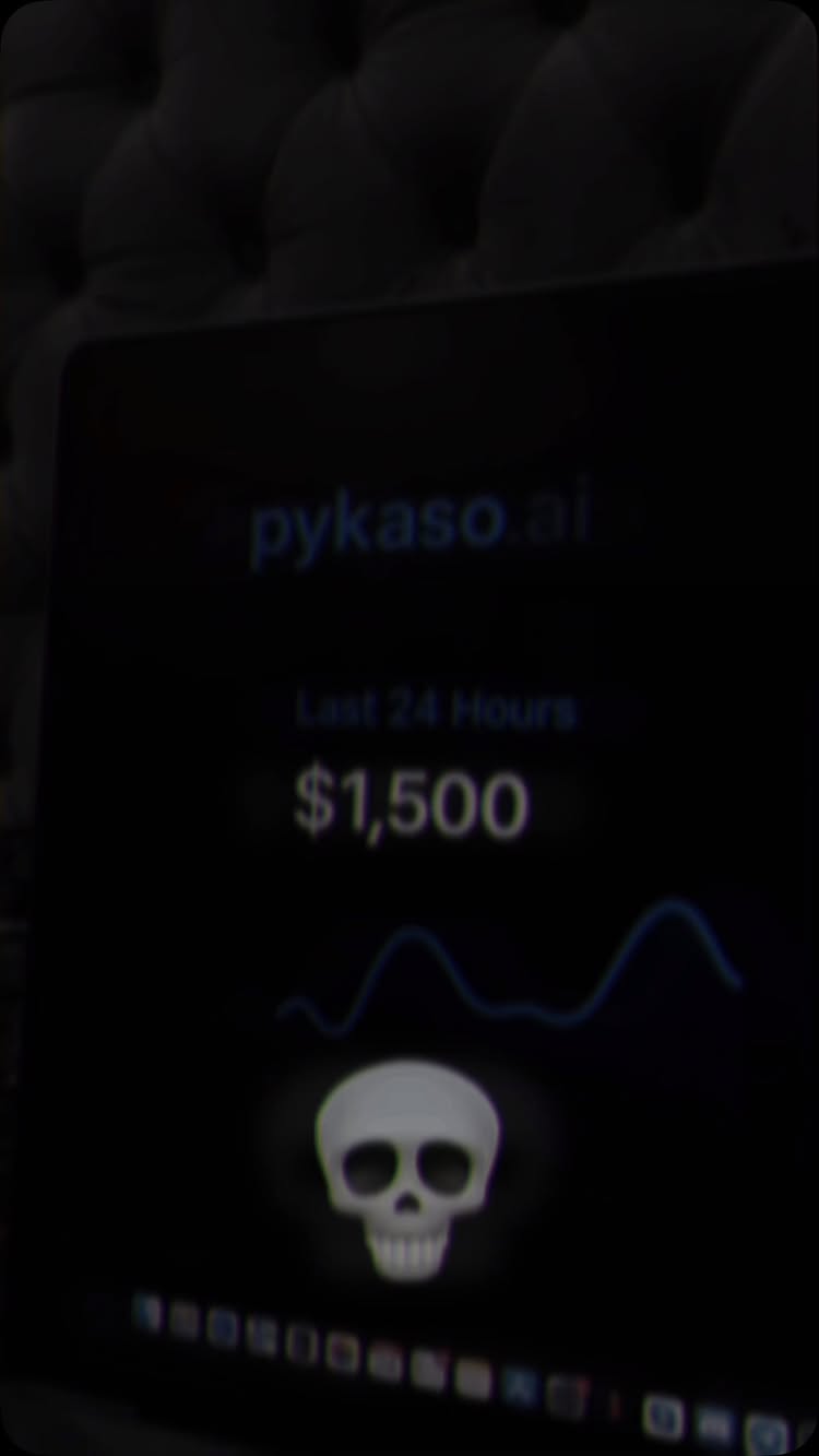 A laptop screen is visible, displaying a dark interface with the text 'pykaso.ai' near the top. Below, it shows 'Last 24 Hours', and a value of '$1,500'. At the bottom, there's a stylized skull graphic, accompanied by a wavy line beneath the financial data. The overall color scheme is dark, with subtle highlights.