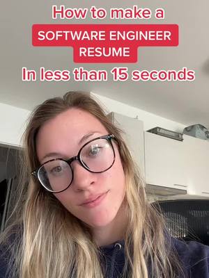 A woman with long blonde hair wearing glasses is the central focus against a blurry interior background. Above her, a red banner displays white text: "How to make a SOFTWARE ENGINEER RESUME". Below is the text: "In less than 15 seconds". The overall composition is well-lit, slightly tilted with a soft focus.