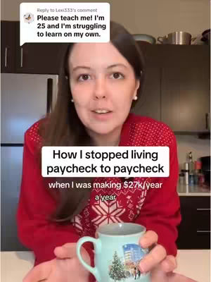 A woman in a red sweater is holding a mug and talking to the camera. A white rectangular box with text overlaid on top of the image. Text bubble appears above the main image.