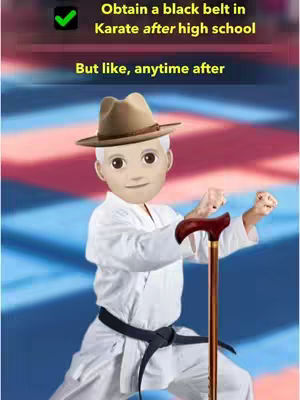 An emoji-style face wearing a brown hat and a karate uniform, standing in a fighting stance with a cane. The background consists of a blue and red martial arts mat.
