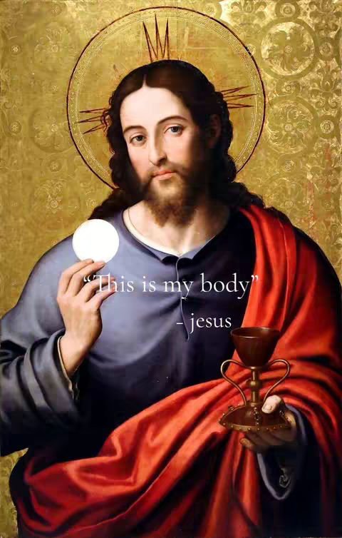 A religious painting depicting Jesus holding the Eucharist. He is holding a white host in one hand and a gold chalice in the other. The background is a gold pattern. Text on the image reads, "This is my body" - jesus