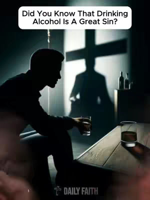A grayscale image shows a man in silhouette sitting at a table with a glass of liquor. A cross shadow and additional bottles are in the background. Text at the top reads, 'Did you know that drinking alcohol is a great sin?'