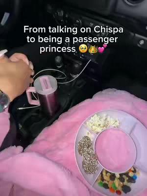 The cover image shows the interior of a car, with the camera angled down towards a pink blanket and a divided plate of snacks. On the blanket sits a divided plate with popcorn, cookies, and various candies. A cup of pink liquid sitting near a stainless steel mug. The text overlay over the image mentions 'Chispa' and a 'passenger princess'.
