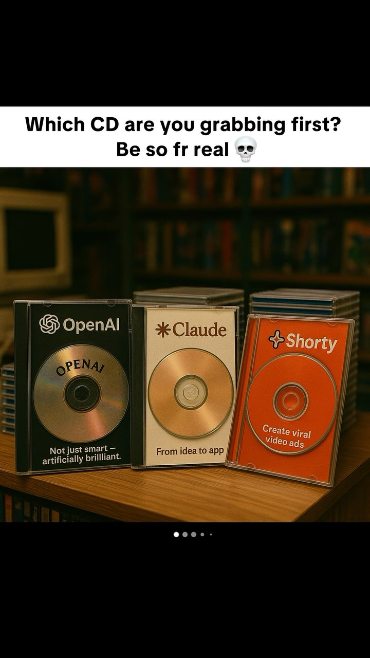 A visually appealing image featuring three CD cases displayed on a wooden surface. The background includes a bookshelf and ambient lighting. Each case is labeled with a different name: "OpenAI," "Claude," and "Shorty." The "OpenAI" case is black with the name and logo, the "Claude" case is beige with name and logo, and the "Shorty" case is red with respective branding. Each case has its own unique design, color scheme, and branding.