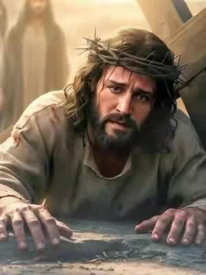 A realistic painting of Jesus with a crown of thorns, looking towards the viewer with a look of suffering. He is carrying or leaning on a cross on his shoulder, and another figure stands in the background.