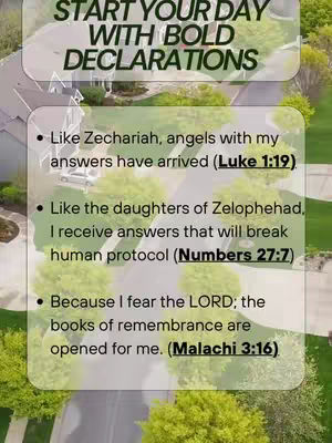 The cover image is a vertical graphic with a light beige background overlayed on a blurred image of a suburban neighborhood. At the top is a transparent panel with bold green text that says "START YOUR DAY WITH BOLD DECLARATIONS". Below this is a semi-transparent panel with bullet points, each followed by a Bible verse.