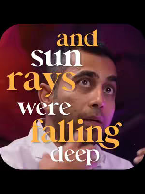 A man with a concerned expression looking up, with stylized text overlaying the image. The background is blurred with red and purple hues.
