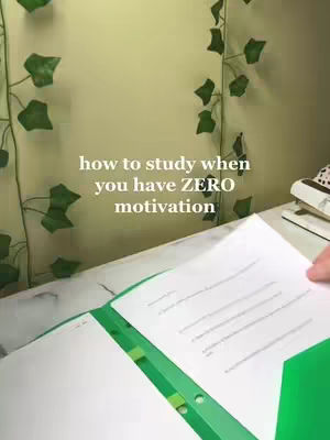 An overhead shot shows a workspace with a green folder opened on a desk. The background features a light green wall with artificial hanging vines. Text overlayed on the image reads, 'how to study when you have ZERO motivation'.