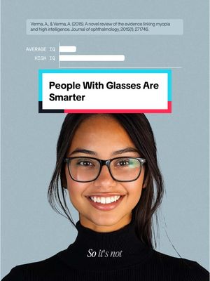 A young woman with dark hair and glasses smiles at the camera. Text overlays include a title and an explanatory sentence at the top. The background is a solid, pale blue.