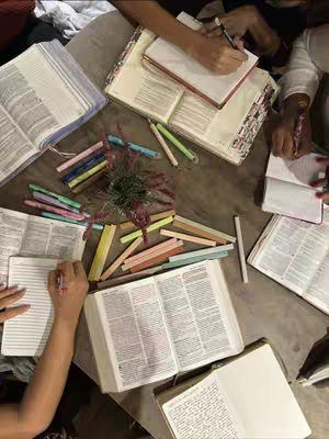 An overhead shot of a wooden table where multiple open Bibles and notebooks are placed. People's hands are visible, some holding pens and markers, appearing to be studying or taking notes. Various colored pens and markers are scattered around the books, along with a small decorative plant. The lighting suggests daylight, and the overall composition is neat and organized.