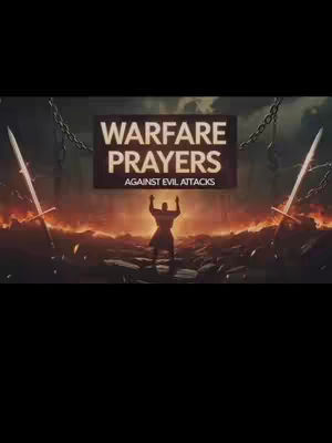 A dramatic, digitally created image depicting a religious or spiritual scene. At the center, a figure stands with arms raised, silhouetted against a fiery backdrop. Above the figure, there is a banner that contains the words 'WARFARE PRAYERS AGAINST EVIL ATTACKS' in large, bold text. On either side of the figure, there are large blades, suggesting a battle or defensive theme, while chains hang, adding a sense of constraint or protection. Overall, it uses a dark, fiery color palette.