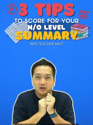 A man in a black shirt faces the camera with hands clasped near his chest. Above him is text in red and yellow, including the words "3 TIPS" and "SUMMARY". Behind the man is a blue background with elements such as exam papers and books. The scene is well-lit, the man's expression is earnest.