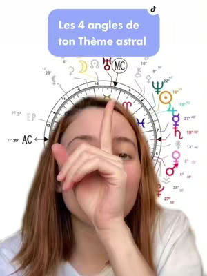 A woman is shown in a selfie-style shot. She is the primary focus, with the background blurred. She is pointing upwards, with part of her hand obscuring her face. Overlayed at the top is a light blue rounded rectangle containing text. Behind her, are astrological symbols around a circle.
