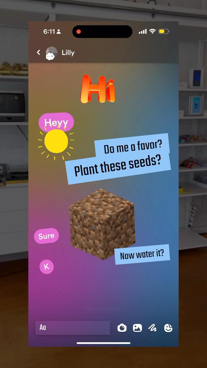 A vertical screenshot of a phone screen displaying a chat interface between two users. The screen is divided into sections depicting a conversation with colorful text bubbles and graphic elements, including a Minecraft-style block and sunshine
