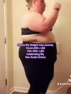 A woman in workout attire stands in a room with a neutral background. Text overlays her body, highlighting her weight loss journey and celebrating a non-scale victory.