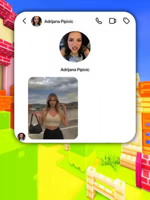 The cover image is a screenshot of a mobile phone screen. The background is pixelated with vibrant colors. On the screen, a white chat bubble is displayed with the profile picture of a woman. Inside the chat bubble, there is a picture of the woman with long blond hair, a crop top, and a black bag. Above the picture there is a profile picture, and the name of the person.