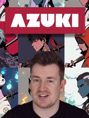 A man with short brown hair is centered in the frame, smiling and looking directly at the viewer. Behind him, a collage of anime-style character illustrations surrounds a red banner that says 'AZUKI' in white, bold letters.