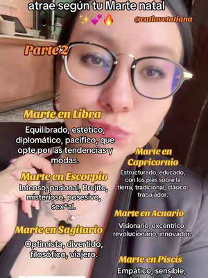 A selfie-style image featuring a woman with glasses, her face centered in the frame, with overlaid text listing astrological information. The background is slightly blurred, suggesting an indoor setting. The woman has a neutral expression and is looking at the camera.