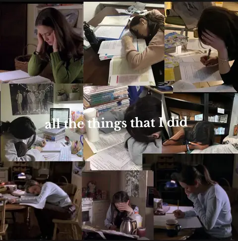 A collage of images presenting a young woman in different study scenarios, showing signs of stress and exhaustion while working at a desk with books and notes. The central text overlay 'all the things that I did' frames each scene.