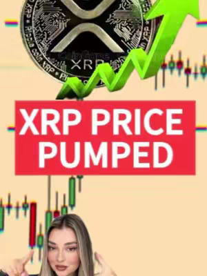 The cover image showcases a woman in front of a crypto-themed backdrop. A large coin with the XRP symbol sits above a red banner that reads 'XRP PRICE PUMPED'. A green arrow points upwards. The background features a stock chart graphic.