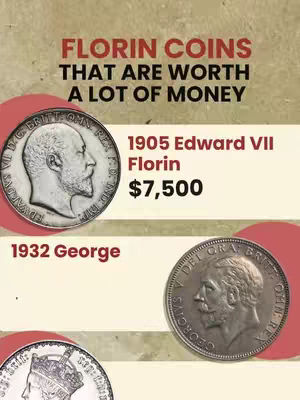 The image is an educational graphic about coins. It displays several coins, including a British Florin coin featuring the profile of King Edward VII. Text overlays provide additional details like the year and value of each coin. The graphic uses a muted color palette with a gradient for visual appeal.