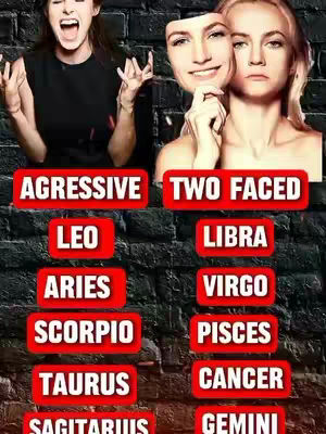 The image is a collage set against a dark, textured brick wall background. Above, two women are featured on either side. The woman on the left is making an exaggerated face with her mouth wide open and arms raised, with her hair wild. On the right are two faces superimposed on one another, a fair-skinned blonde female and an eerily similar face covering face on the top of it. Below these are several red rectangular text boxes with white text. Each box seemingly corresponds to a zodiac sign. The first column has signs such as LEO, ARIES, SCORPIO, and TAURUS, while the second column has signs like LIBRA, VIRGO, PISCES, and CANCER.