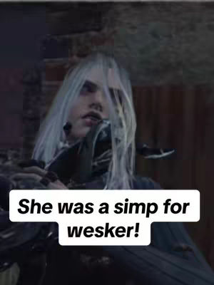 The cover image shows a character from a video game, likely Dead by Daylight, with long white hair and wearing dark clothing. A text overlay in a white box reads, "She was a simp for wesker!"