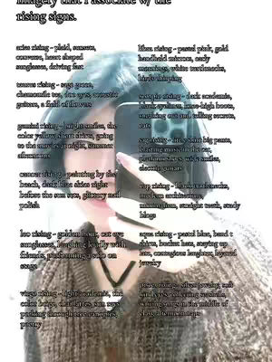 A woman holds a phone up to her face and is taking a picture of herself. Text is overlaid that includes descriptions of rising signs.