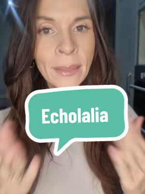 The cover image is a selfie of a woman with long brown hair. She is looking towards the camera with a slight smile. A speech bubble graphic, colored in a light teal, is centered in front of her, with the word 'Echolalia' in white lettering.