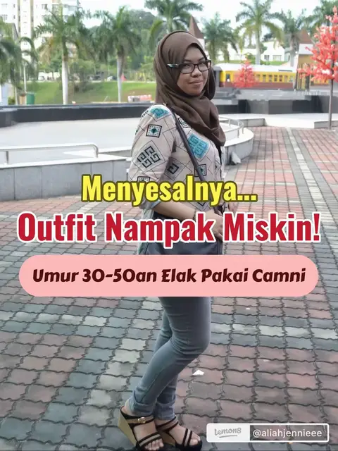 A woman in a hijab and glasses stands outdoors. Bold text overlays indicate the video's focus on outfit advice for those aged 30-50. The overall scene suggests a casual, informative video aimed at style tips.