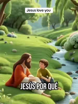 An AI-generated image depicts a peaceful scene featuring Jesus and a young boy sitting on a grassy area. Above them, a banner reads "Jesus love you", and another banner at the bottom says "JESÚS POR QUÉ". The background shows a serene environment with a river and lush green hills.