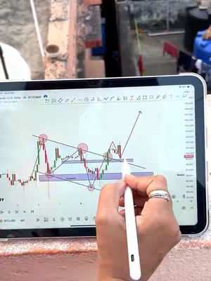 A hand holding a stylus points at a tablet screen displaying a technical chart. The chart is overlaid with lines and shapes, suggesting an analysis of financial data. The scene unfolds outdoors with a simple rooftop background.