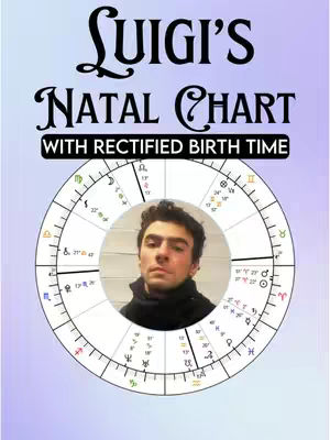 The cover image features a birth chart overlaid with a photo of a young man. The text 'Luigi's Natal Chart' is at the top, with 'With Rectified Birth Time' below. A circular chart dominates the image, with zodiac symbols and planet positions. The man's face is centered within the chart's circle. The background is a gradient of light purple hues.