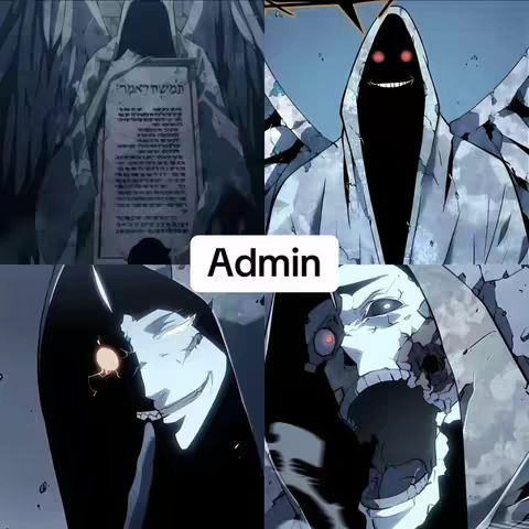 A four-panel image showcasing characters from the anime/manga Solo Leveling. Each panel shows a different rendition of a hooded skeletal figure. A text overlay near the bottom reads Admin.