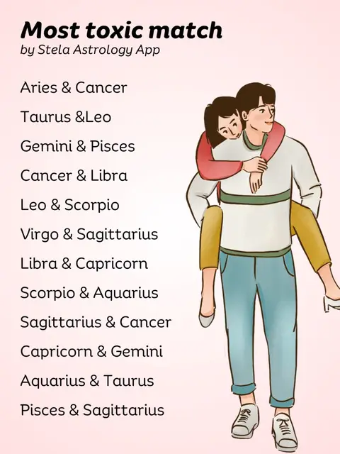 An illustration features a couple, a man carrying a woman piggyback style against a gradient pink background. Text lists 'Most toxic match by Stela Astrology App' and a series of zodiac pairings on the left.