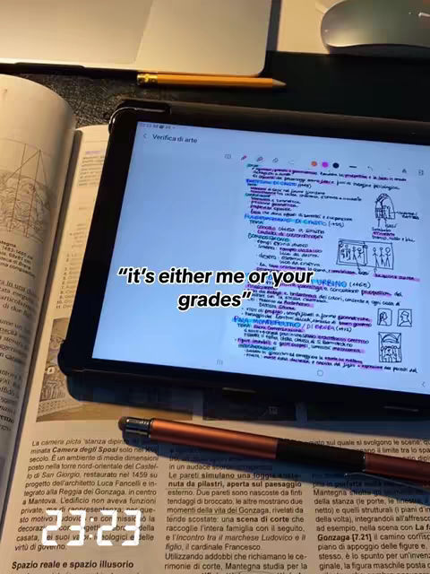 The cover image shows a tablet with notes taken on it, lying on top of an open book, with a pen on the table. The hook text is overlaid in the center of the screen, in white letters.