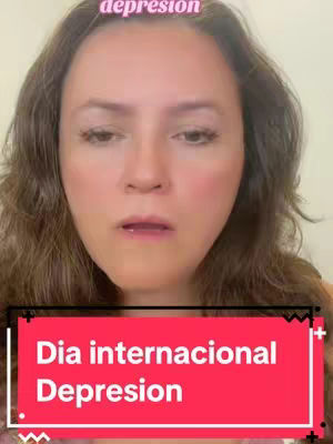 A woman with brown hair is shown with a slightly sad expression. Text overlays are placed at the top (”Depresión”) and at the bottom in a red rectangular box that reads “Dia internacional Depresion”.