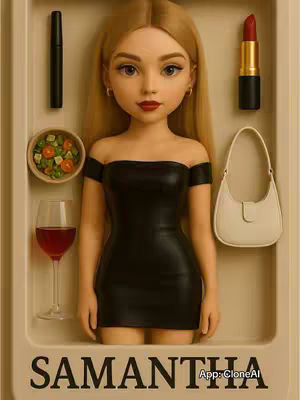 A stylized image of a doll-like woman in a black dress is set against a light cream-colored backdrop. The woman has blonde hair and is positioned centrally, with makeup and fashion accessories arranged symmetrically around her. Her gaze is directed towards the viewer. To her left are a tube of mascara and a bowl of salad. The top corner on the right has a tube of lipstick and a stylish purse next to it, and below the purse there is an elegant wine glass filled with red wine, and the bottom has the name 'SAMANTHA'.