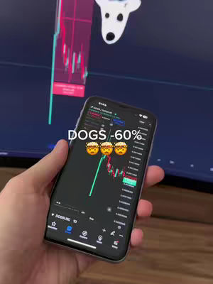 A hand holds a smartphone displaying a stock chart and text overlay. A large screen with a dog illustration is behind the phone. The image uses a dark color scheme with green and red chart lines.