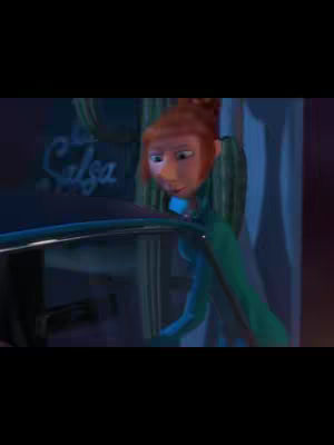 An animated woman with red hair peeks around a car door. She is wearing a green and blue suit. Behind her is a lit-up sign that says "Salsa". The lighting is dim, and the scene appears to be set in a restaurant at night.