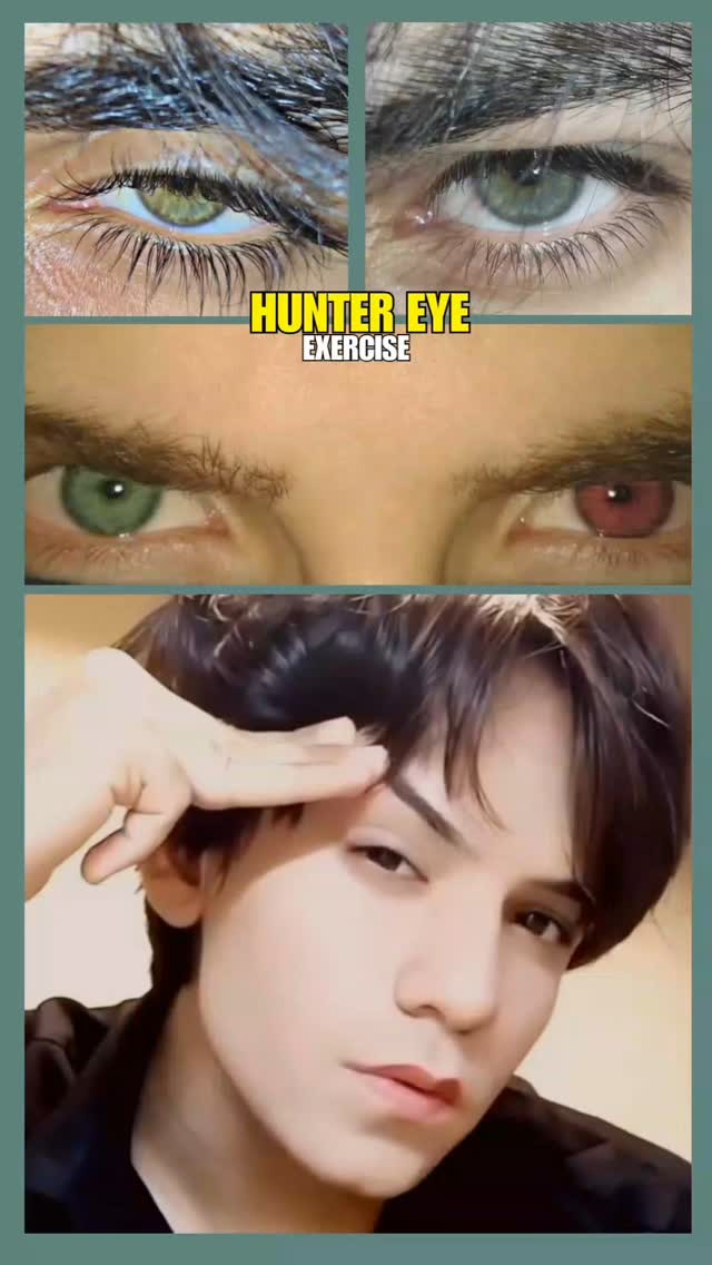 A collage showcasing various close-up shots of eyes, with one image featuring a person's face and hand near the forehead. The top images display eyes with varying colors, and the overlay text reads 'HUNTER EYE EXERCISE'. The bottom image shows a person looking at the camera. The color palette includes green, red, and brown.