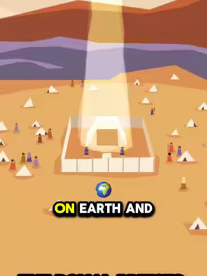 An animated image depicting the Tabernacle in a desert setting. The Tabernacle is a rectangular structure with a central opening, and a beam of light shines down on it from above. The foreground shows a sandy landscape with small figures scattered around, and a world icon; the background features a reddish-brown mountain range. The words "ON EARTH AND," are set at the bottom of the image.