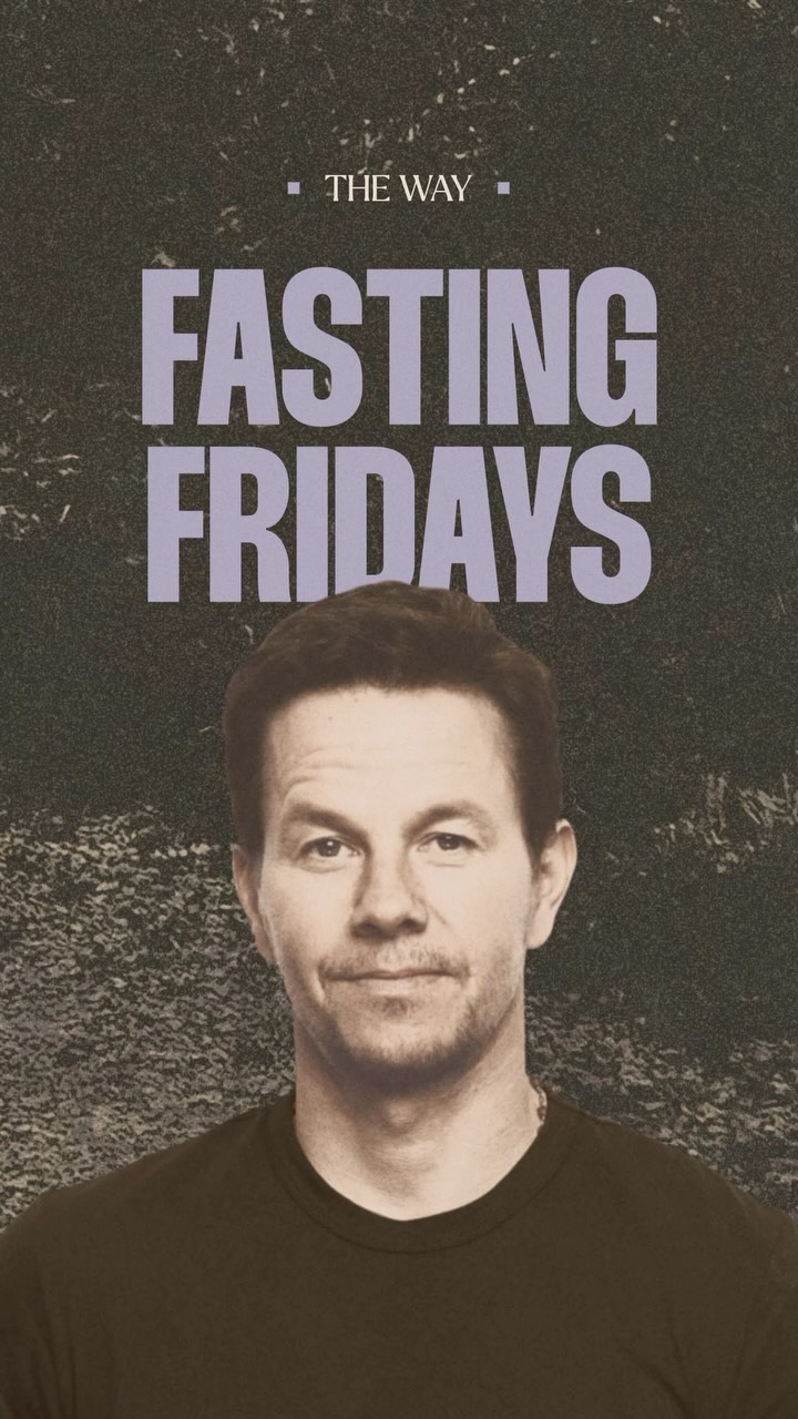 The cover image is a vertical composition featuring a headshot of Mark Wahlberg centered against a textured, dark background. The background has a subtle speckled pattern. Across the top are the words "THE WAY" in a white, sans-serif font. Below, in much larger lavender letters, are the words "FASTING FRIDAYS". Mark Wahlberg is looking directly at the camera with a slight smile. He is wearing a black t-shirt.