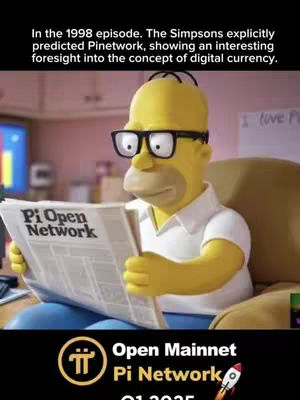 The cover image shows Homer Simpson from The Simpsons holding a newspaper. In the background, there's a living room setting with a television. Below the image is the Pi Network logo with text.