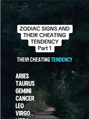 The image showcases a vertical composition, set against a blurred background of a forest with a pathway, trees on both sides. The main focus is on a white rectangular banner at the top containing bold text in a sans-serif font: 'ZODIAC SIGNS AND THEIR CHEATING TENDENCY' and 'Part 1,' creating a bold impression against the darker setting. Below this banner, the text 'THEIR CHEATING TENDENCY' appears in a different font and color, followed by a list of zodiac signs in a prominent order.