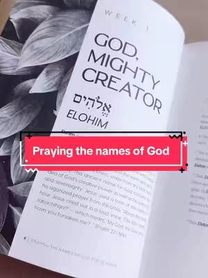 The cover image shows an open book with a close-up of two pages. The left page displays a backdrop of blurred green foliage. The right page features a heading in large, bold black text that reads "GOD, MIGHTY CREATOR" over an image of the Hebrew word "Elohim" and also the word "ELOHIM" below it. The overlay text in a bright red rectangle at the bottom reads "Praying the names of God."
