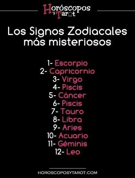 A black background with the text "Horóscopos y Tarot" at the top. Below is the title "Los Signos Zodiacales más misteriosos" in white. A list of zodiac signs follows, in colored font (pink). The website URL HOROSCOPOSYTAROT.COM is at the bottom, also in white.