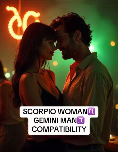 An intimate, romantic shot featuring a man and a woman in close proximity, their faces almost touching. They appear to be embracing, with a soft green and orange background. A text overlay at the bottom of image announces the topic: Scorpio Woman and Gemini Man compatibility.