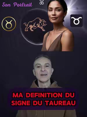 The cover image is split into two sections. The top section features a woman wearing a brown top, and behind her, there's a dark background containing the Taurus zodiac symbol, a picture of a bull, and a symbol of the zodiac sign. The bottom part contains a man in a brown hoodie with a text block that says, "MA DEFINITION DU SIGNE DU TAUREAU" in red letters.